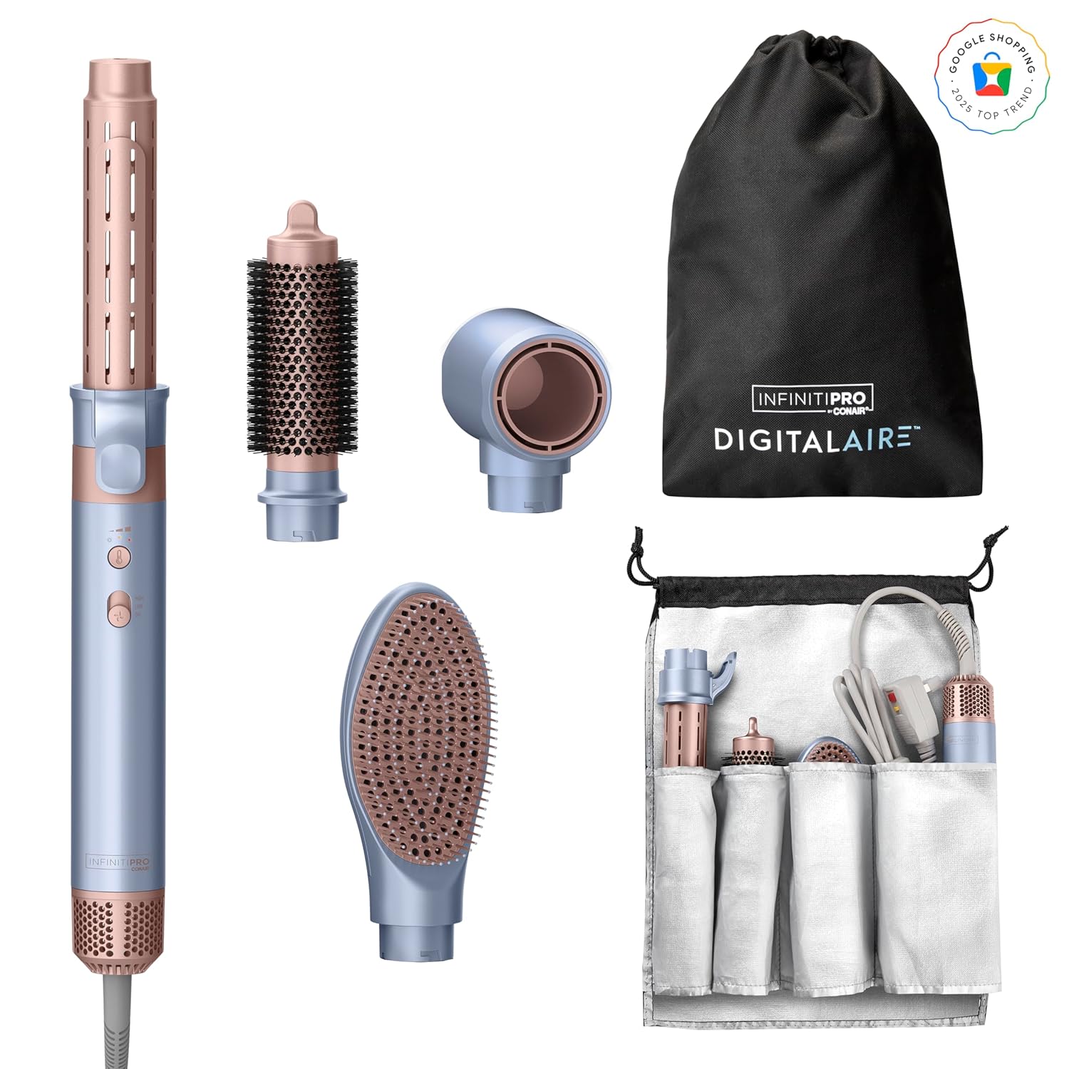 INFINITIPRO by CONAIR DigitalAIRE Multi Hair Styler, Air Styling System for Curls, Waves, Blowouts & Volume, 4 Attachments to Personalize Your Look Plus Storage Bag, Light Blue